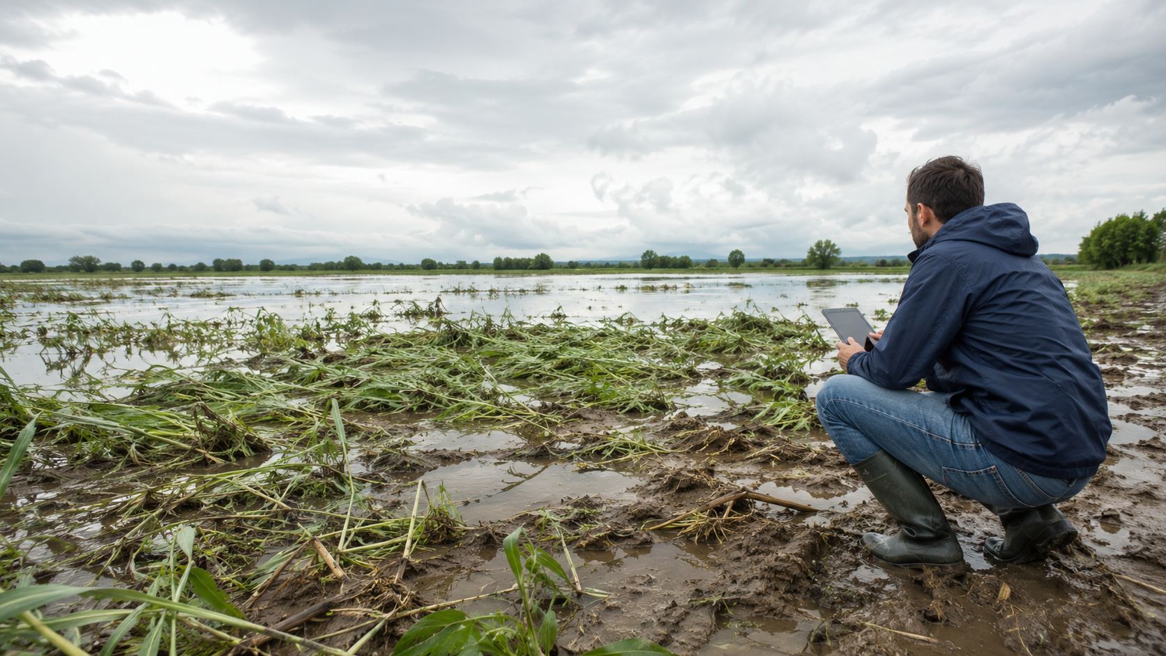 Perito tasador inspeccionando daños por inundación en cultivo — valoración de siniestros agrícolas